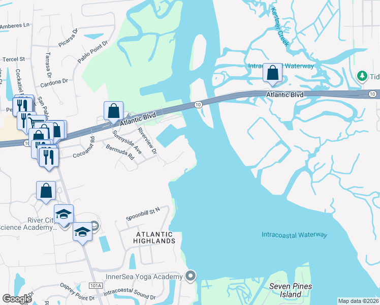 map of restaurants, bars, coffee shops, grocery stores, and more near 13846 Atlantic Boulevard in Jacksonville