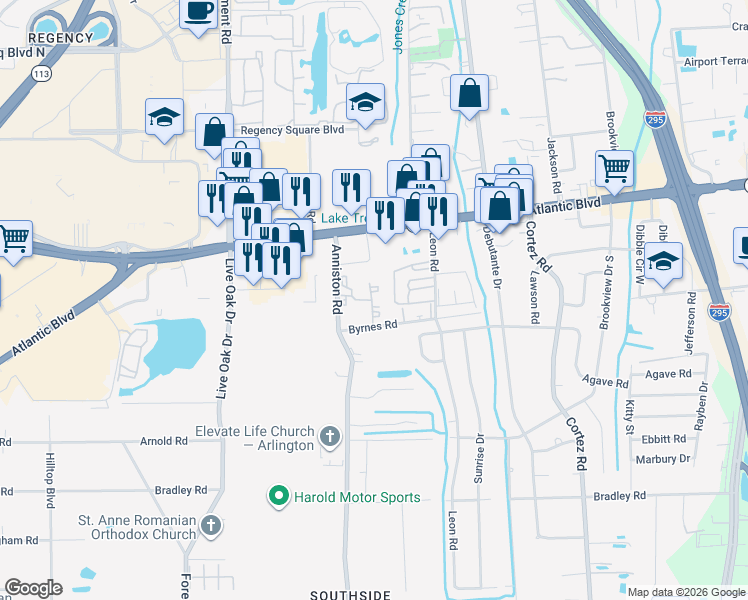map of restaurants, bars, coffee shops, grocery stores, and more near 1721 1721-4 Anniston Ap in Jacksonville
