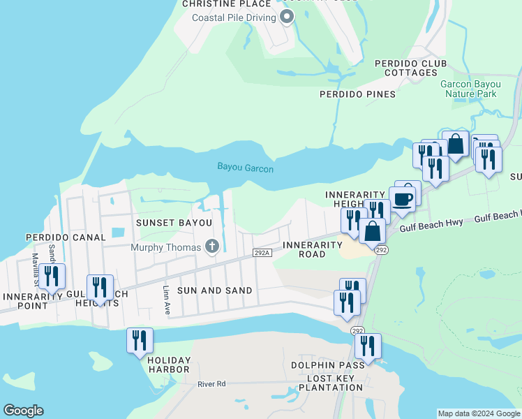map of restaurants, bars, coffee shops, grocery stores, and more near 5435 Japonica Avenue in Pensacola