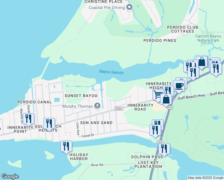 map of restaurants, bars, coffee shops, grocery stores, and more near 5435 Japonica Avenue in Pensacola