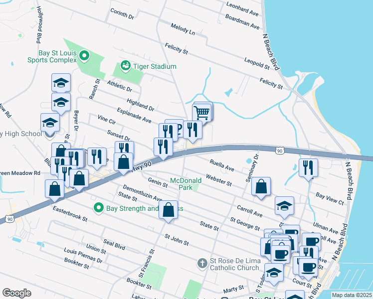 map of restaurants, bars, coffee shops, grocery stores, and more near 703 Dunbar Avenue in Bay St. Louis