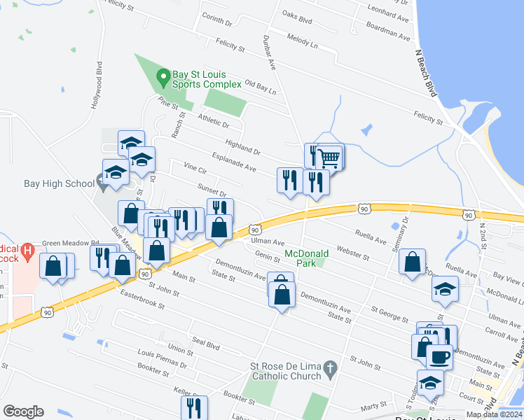 map of restaurants, bars, coffee shops, grocery stores, and more near 500 Sunset Drive in Bay Saint Louis