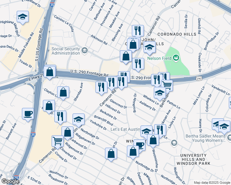 map of restaurants, bars, coffee shops, grocery stores, and more near 1303 Glenwood Drive in Austin