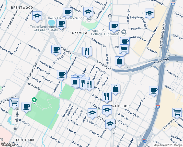 map of restaurants, bars, coffee shops, grocery stores, and more near 5414 Avenue G in Austin