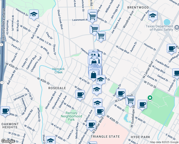 map of restaurants, bars, coffee shops, grocery stores, and more near 2117 West 49th Street in Austin