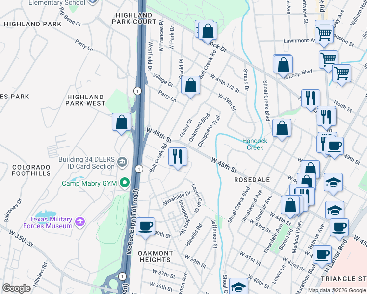 map of restaurants, bars, coffee shops, grocery stores, and more near 4411 Grotto Drive in Austin