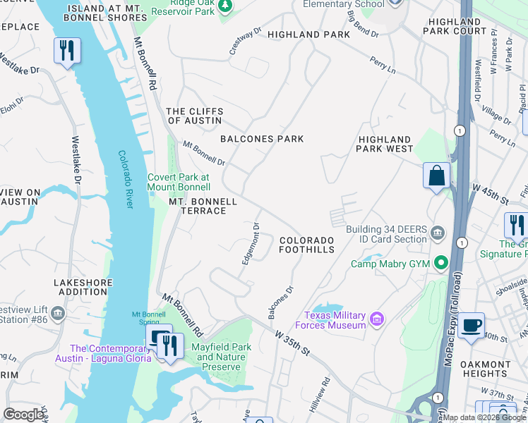map of restaurants, bars, coffee shops, grocery stores, and more near 3400 Westledge Circle in Austin