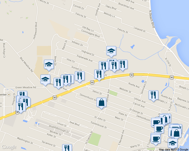 map of restaurants, bars, coffee shops, grocery stores, and more near 503 Sunset Drive in Bay Saint Louis