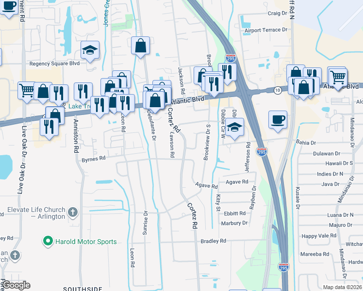 map of restaurants, bars, coffee shops, grocery stores, and more near 10302 Driftwood Road in Jacksonville