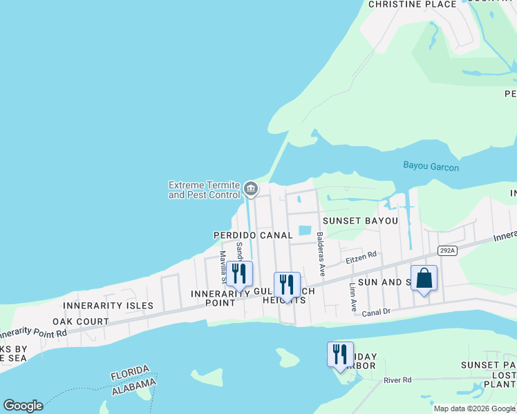 map of restaurants, bars, coffee shops, grocery stores, and more near 5526 Bob O Link Road in Pensacola