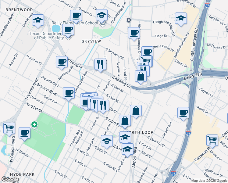 map of restaurants, bars, coffee shops, grocery stores, and more near 5509 Avenue H in Austin