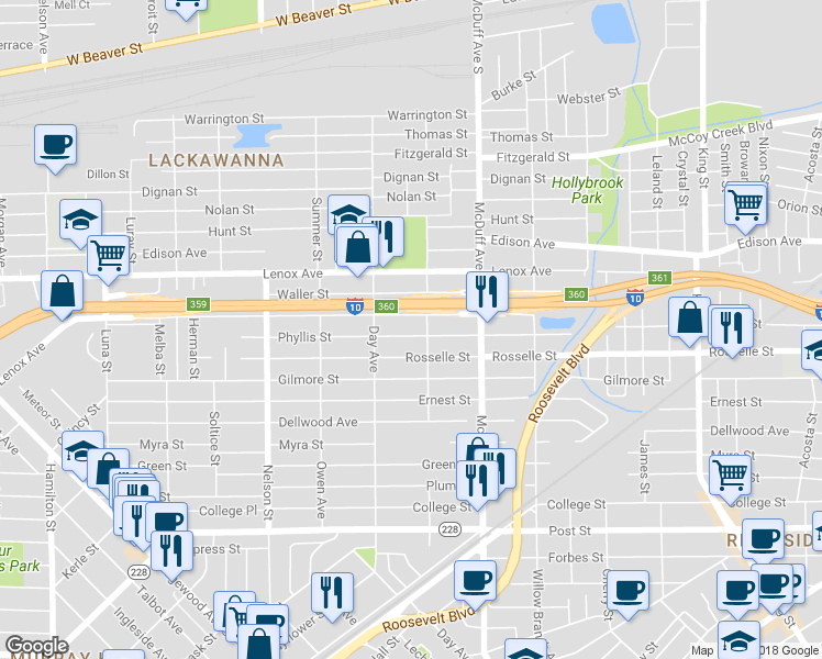 map of restaurants, bars, coffee shops, grocery stores, and more near 3119 Phyllis Street in Jacksonville