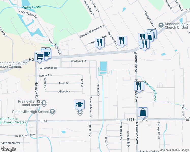 map of restaurants, bars, coffee shops, grocery stores, and more near 17235 Rennes Road in Prairieville