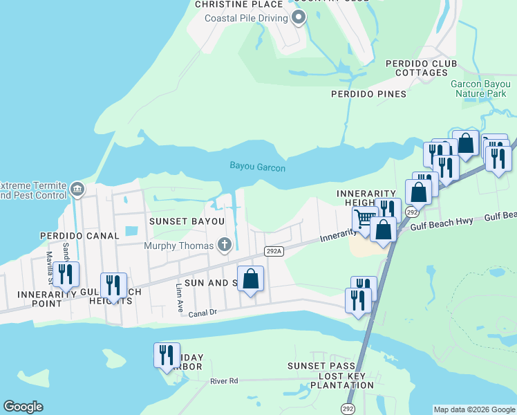 map of restaurants, bars, coffee shops, grocery stores, and more near 5435 Japonica Avenue in Pensacola