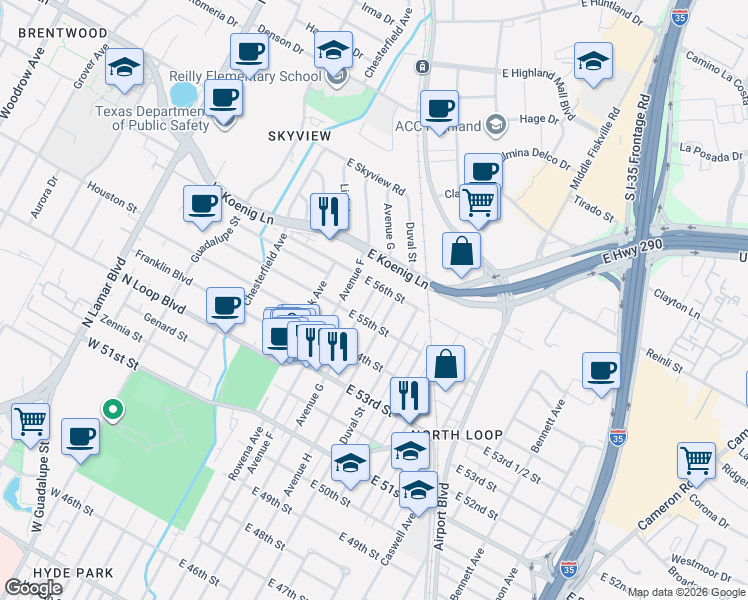 map of restaurants, bars, coffee shops, grocery stores, and more near 5511 Avenue G in Austin