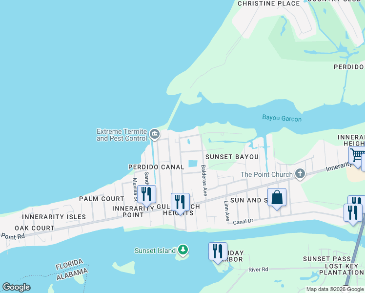 map of restaurants, bars, coffee shops, grocery stores, and more near 5510 Galvez Road in Pensacola