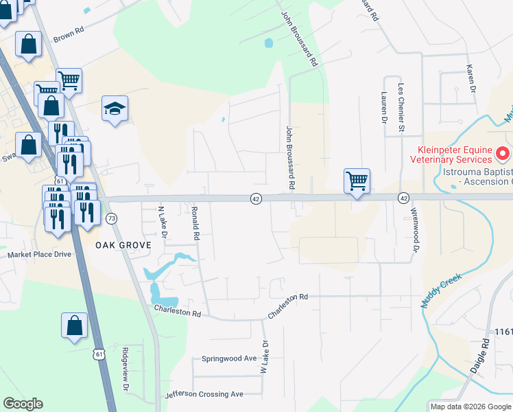map of restaurants, bars, coffee shops, grocery stores, and more near 38301 Louisiana 42 in Prairieville