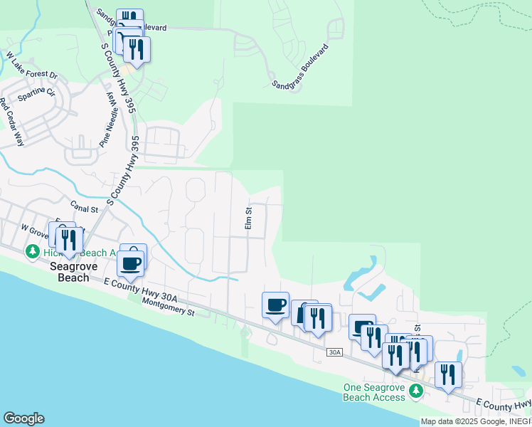 map of restaurants, bars, coffee shops, grocery stores, and more near 297 Elm Street in Santa Rosa Beach