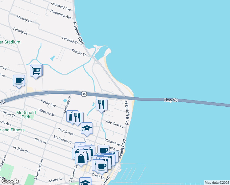 map of restaurants, bars, coffee shops, grocery stores, and more near 103 U.S. 90 in Waveland