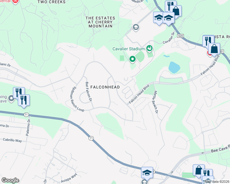map of restaurants, bars, coffee shops, grocery stores, and more near 16112 Spillman Ranch Loop in Austin