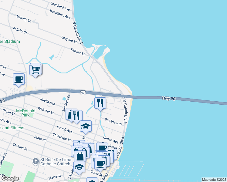 map of restaurants, bars, coffee shops, grocery stores, and more near 103 U.S. 90 in Waveland