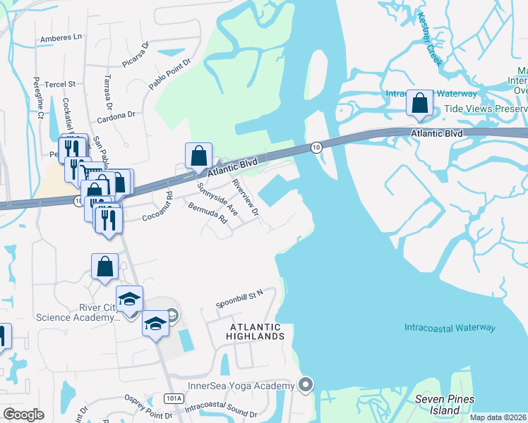 map of restaurants, bars, coffee shops, grocery stores, and more near 13862 Riverview Drive in Jacksonville