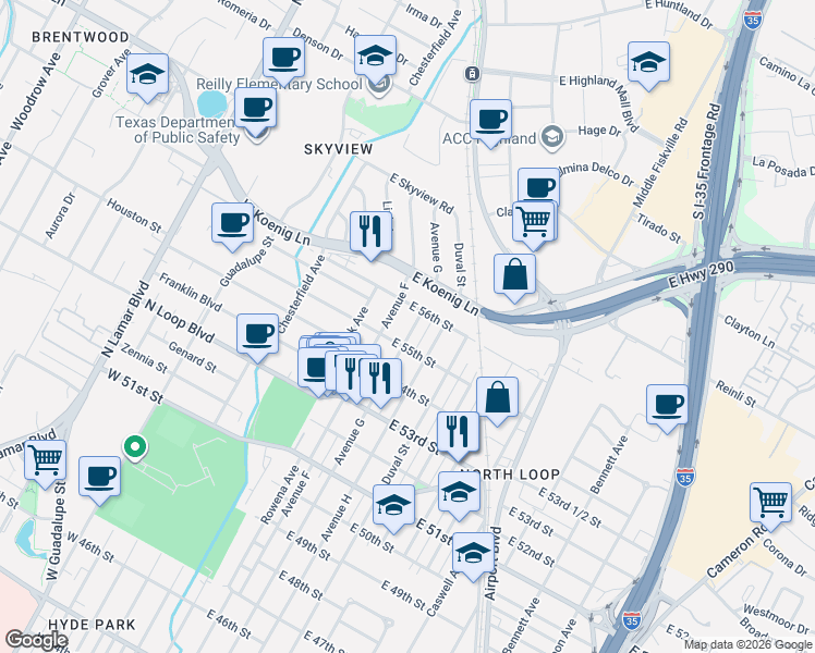 map of restaurants, bars, coffee shops, grocery stores, and more near 5414 Avenue G in Austin