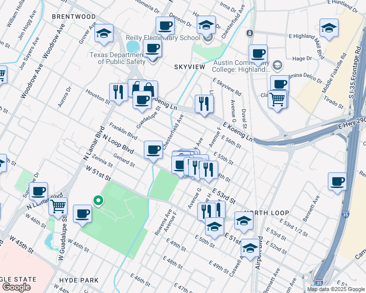 map of restaurants, bars, coffee shops, grocery stores, and more near 109 Nelray Boulevard in Austin