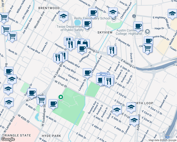 map of restaurants, bars, coffee shops, grocery stores, and more near 308 West North Loop Boulevard in Austin