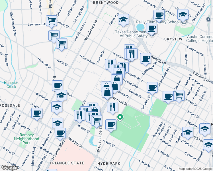 map of restaurants, bars, coffee shops, grocery stores, and more near in Austin