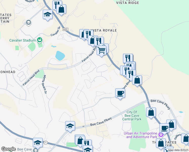 map of restaurants, bars, coffee shops, grocery stores, and more near 3607 Royal Sage Drive in Austin