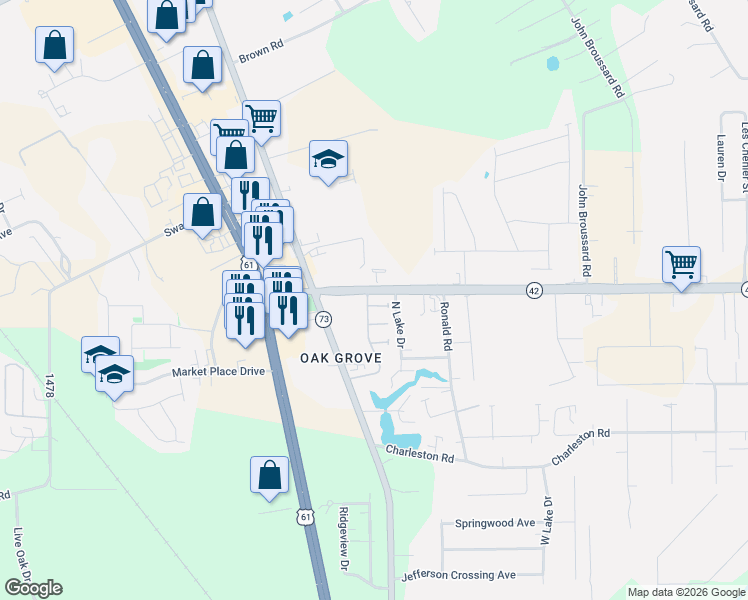 map of restaurants, bars, coffee shops, grocery stores, and more near 17231-17243 North Lake Drive in Prairieville