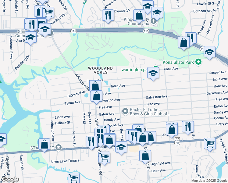 map of restaurants, bars, coffee shops, grocery stores, and more near 7703 Hare Avenue in Jacksonville
