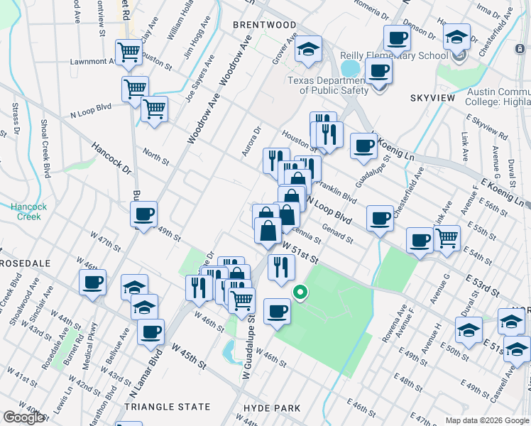 map of restaurants, bars, coffee shops, grocery stores, and more near 5200 North Lamar Boulevard in Austin