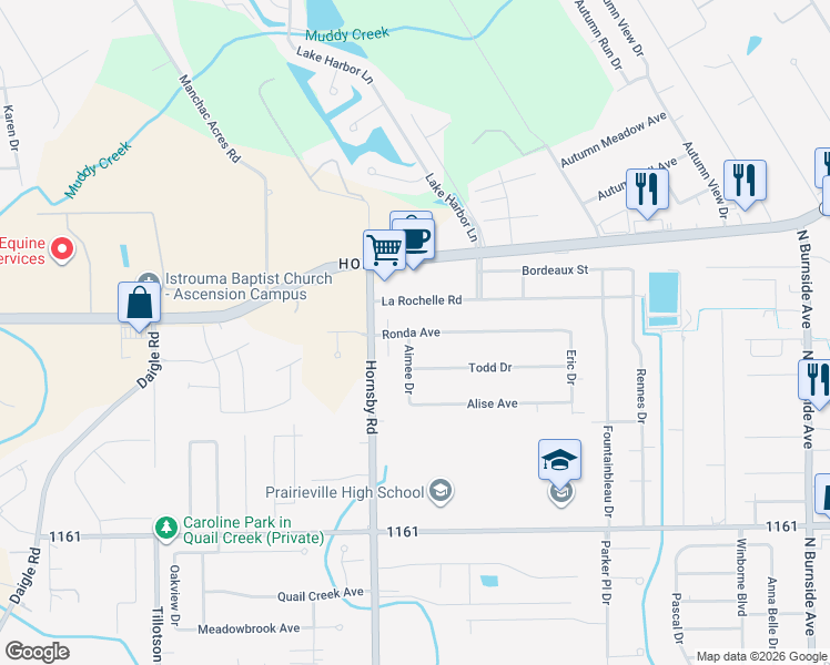 map of restaurants, bars, coffee shops, grocery stores, and more near Ronda Avenue in Prairieville