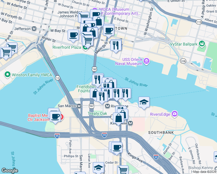 map of restaurants, bars, coffee shops, grocery stores, and more near 1001 Museum Circle in Jacksonville