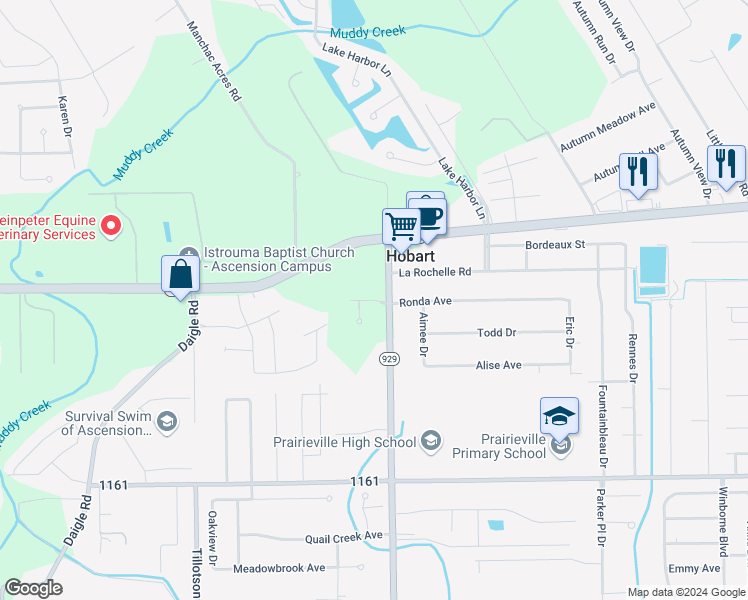 map of restaurants, bars, coffee shops, grocery stores, and more near 39512 Rue Royale in Prairieville
