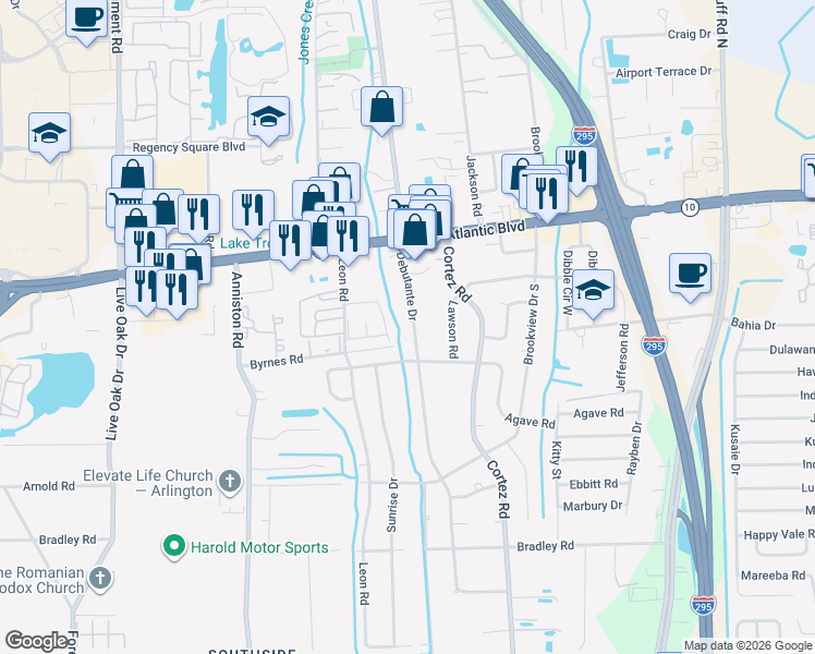map of restaurants, bars, coffee shops, grocery stores, and more near 1768 Debutante Drive in Jacksonville