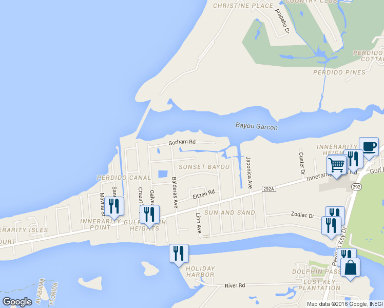 map of restaurants, bars, coffee shops, grocery stores, and more near 14150 Gant Avenue in Pensacola