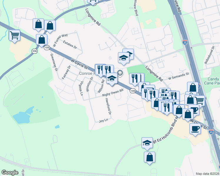 map of restaurants, bars, coffee shops, grocery stores, and more near 201 Rigby Owen Road in Conroe