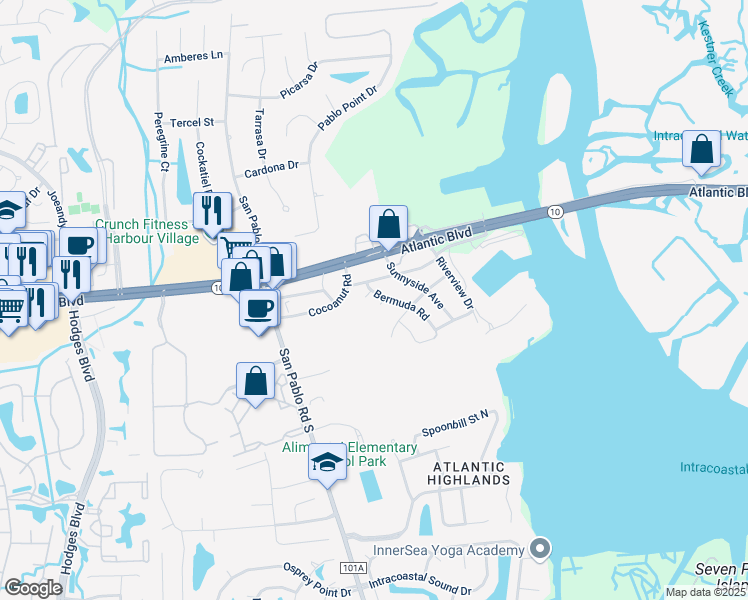 map of restaurants, bars, coffee shops, grocery stores, and more near 13733 Coral Drive in Jacksonville