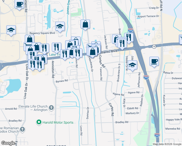 map of restaurants, bars, coffee shops, grocery stores, and more near 1768 Debutante Drive in Jacksonville