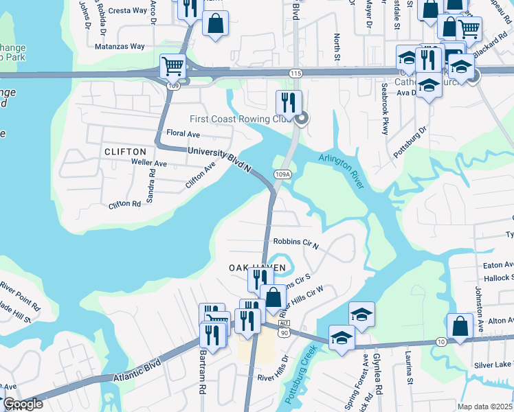 map of restaurants, bars, coffee shops, grocery stores, and more near 244 University Boulevard North in Jacksonville