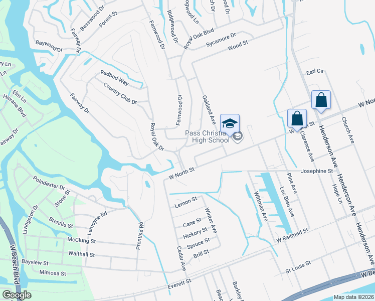 map of restaurants, bars, coffee shops, grocery stores, and more near 106 Timber Ridge Boulevard in Pass Christian