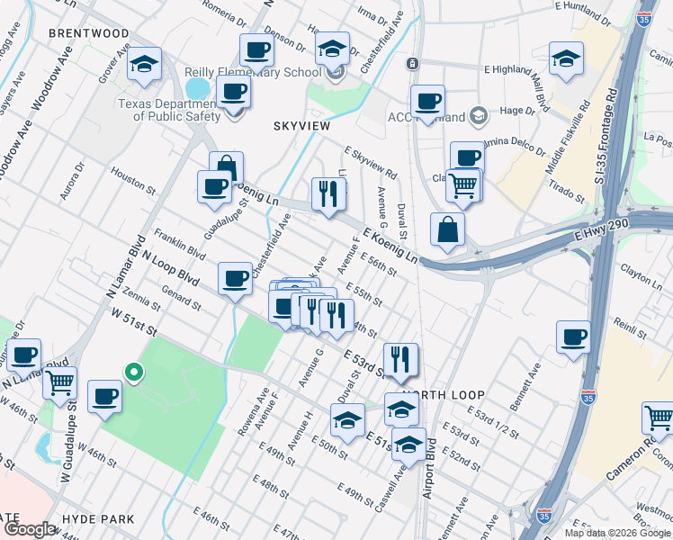 map of restaurants, bars, coffee shops, grocery stores, and more near 5406 Avenue F in Austin