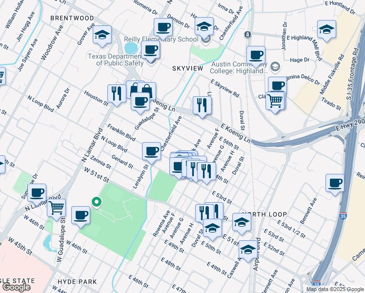 map of restaurants, bars, coffee shops, grocery stores, and more near 109 Nelray Boulevard in Austin