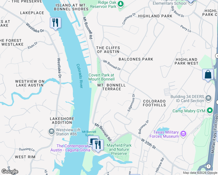 map of restaurants, bars, coffee shops, grocery stores, and more near 3501 Bonnell Court in Austin