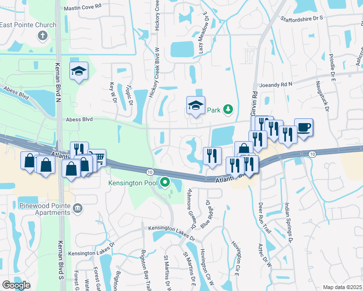map of restaurants, bars, coffee shops, grocery stores, and more near 12555 Belmont Lakes Drive in Jacksonville