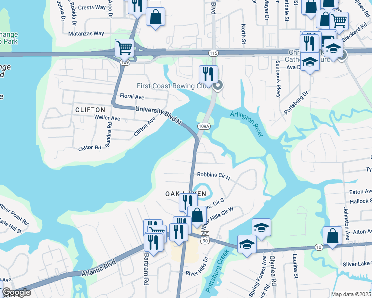 map of restaurants, bars, coffee shops, grocery stores, and more near 244 University Boulevard North in Jacksonville