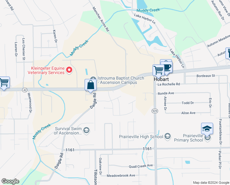 map of restaurants, bars, coffee shops, grocery stores, and more near 39353 Louisiana 42 in Prairieville